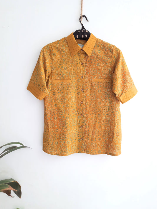 Turmeric dyed ajrakh prints cotton shirt for her