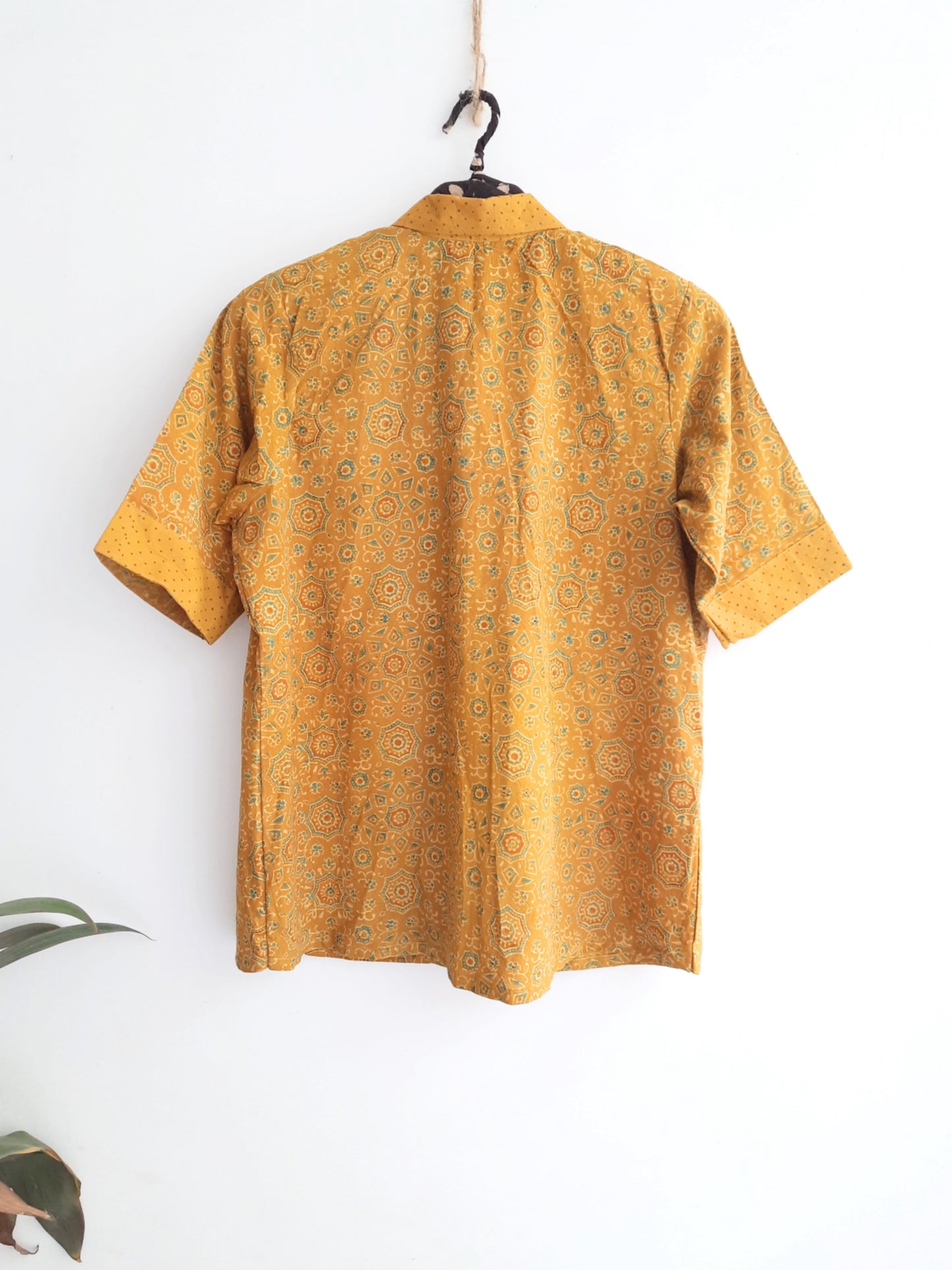Turmeric dyed ajrakh prints cotton shirt for her