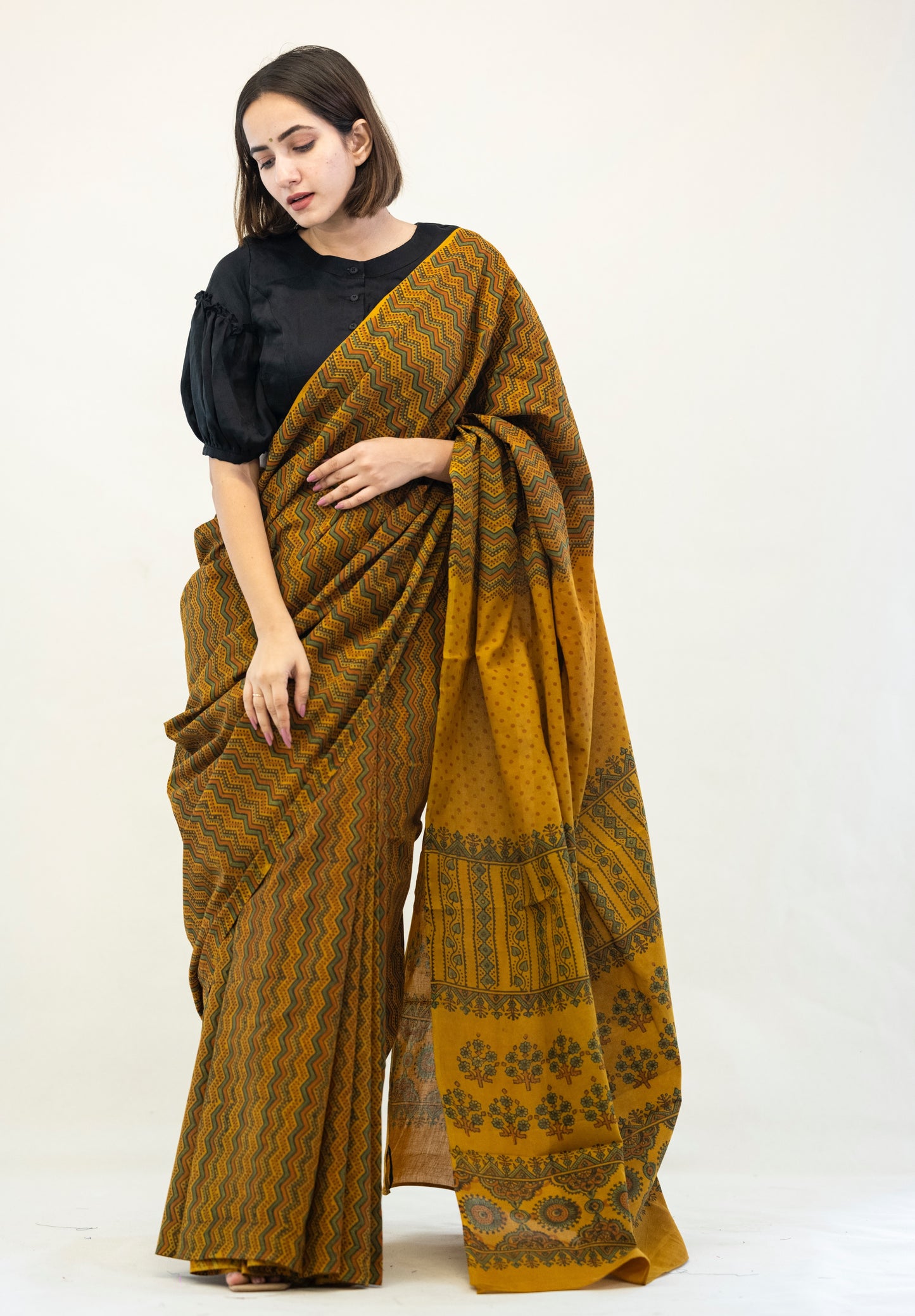 Turmeric yellow ajrakh cotton saree, Ajrakh hand block print cotton saree