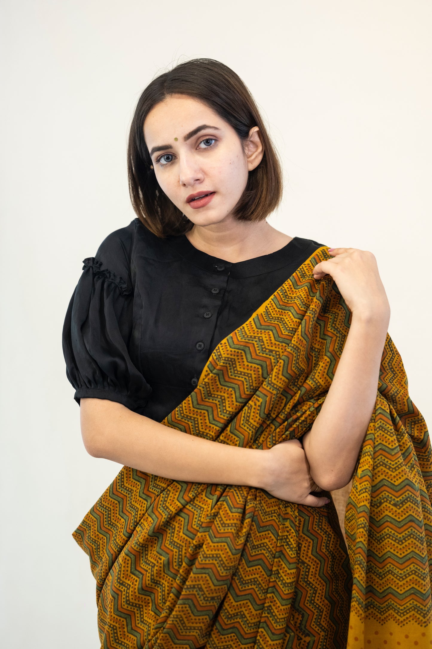 Turmeric yellow ajrakh cotton saree, Ajrakh hand block print cotton saree