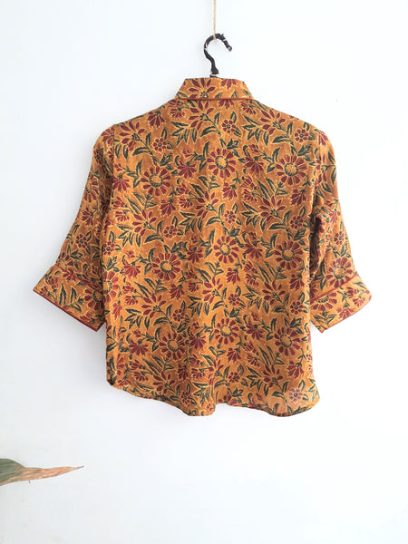 Turmeric yellow ajrakh floral shirt in modal silk