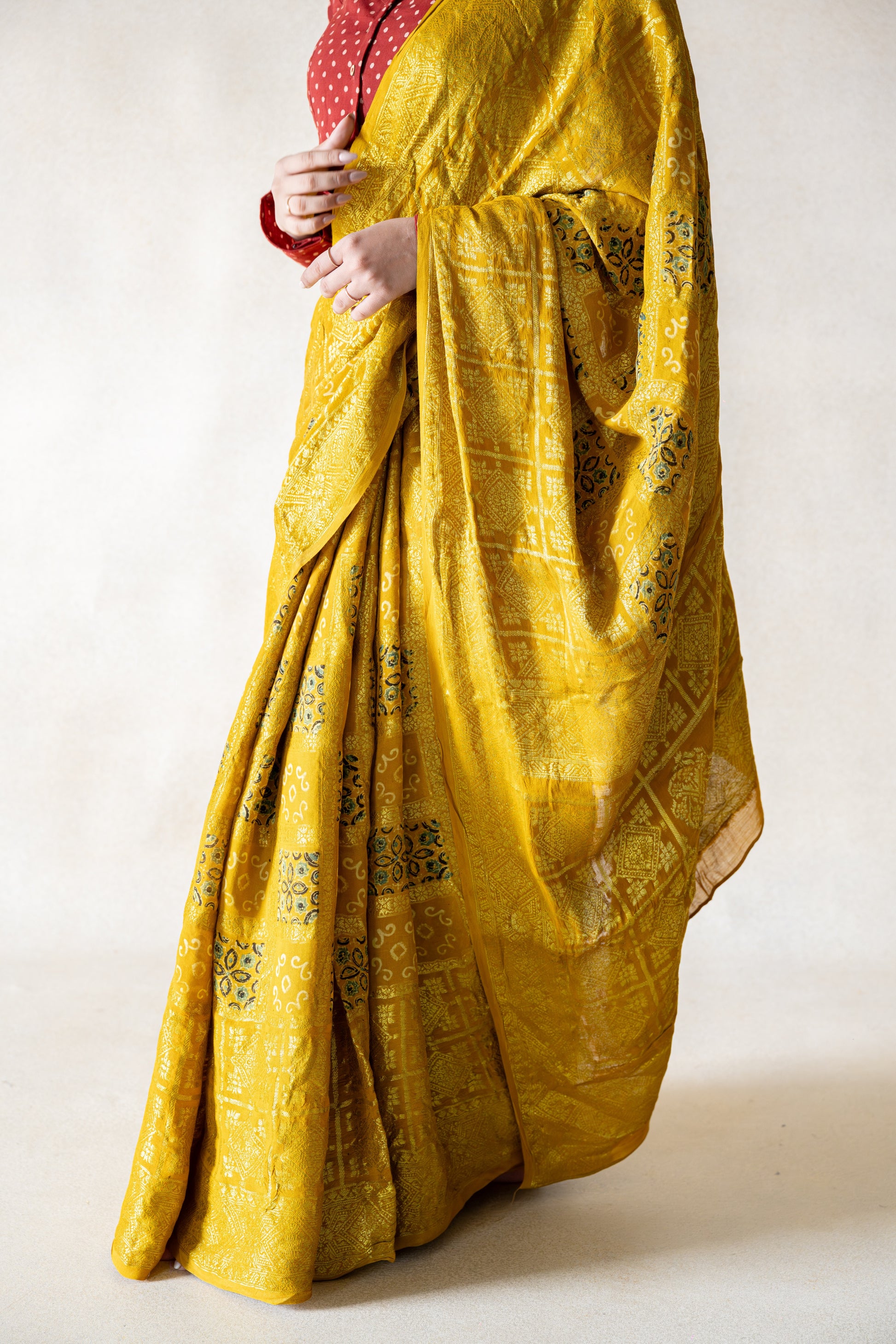 Turmeric yellow ajrakh heritage gharchola saree, Handmade traditional gharchola saree