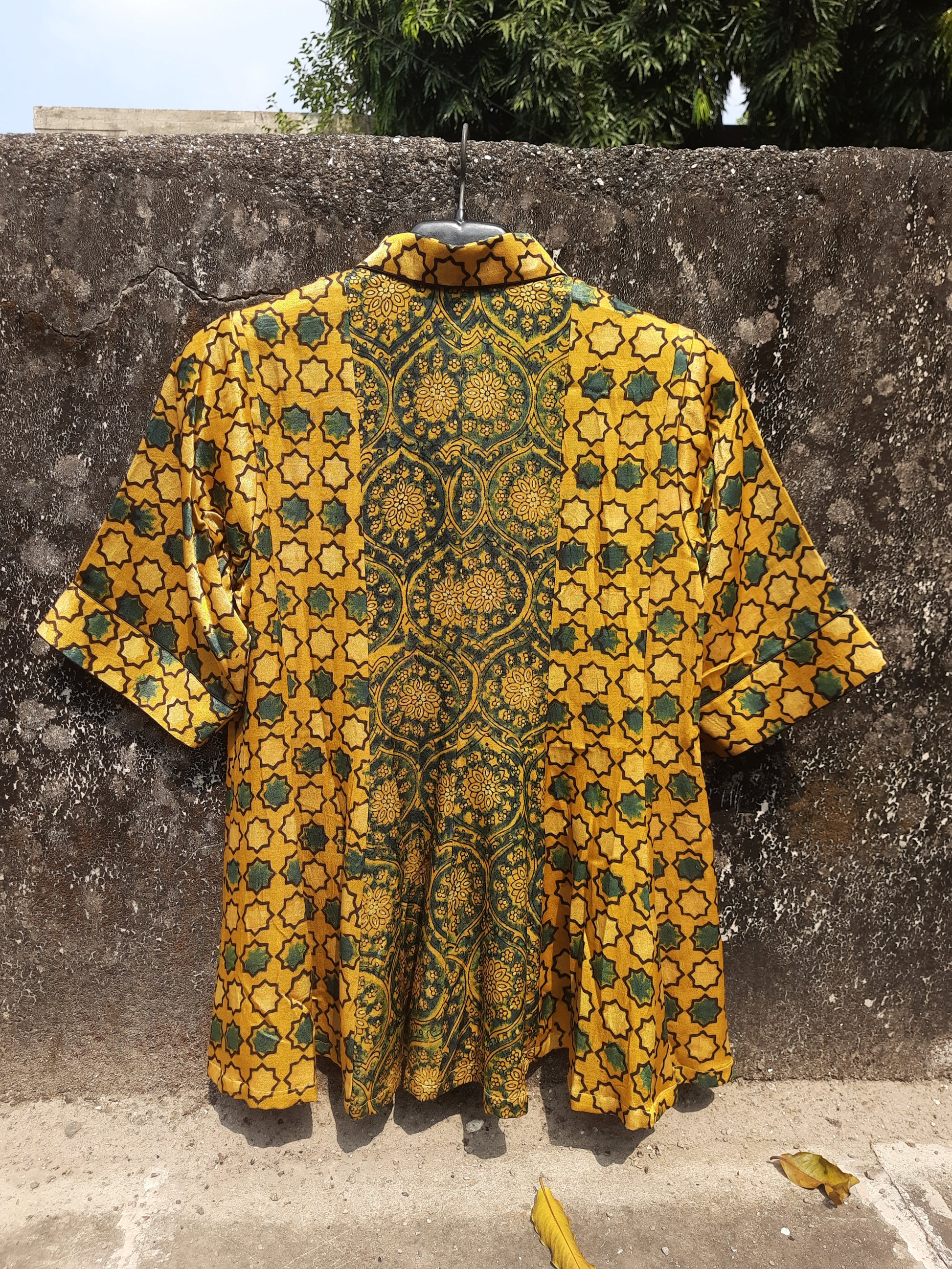 Turmeric yellow ajrakh mashru silk shirt for women.