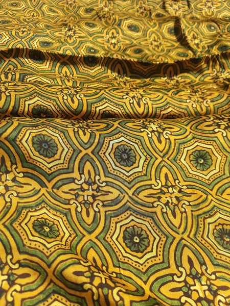 Turmeric Yellow Modal Silk Ajrakh Hand Block Printed Fabric, naturally dyed, handcrafted, 44 inches wide, sustainable luxury for eco-conscious creations.