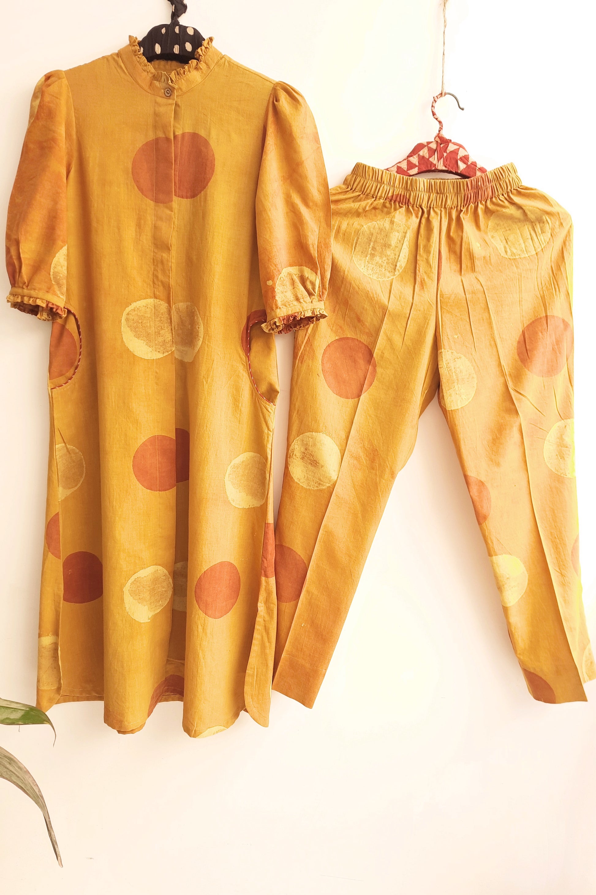 Turmeric yellow ajrakh polka dots coord set, Sustainable fashion