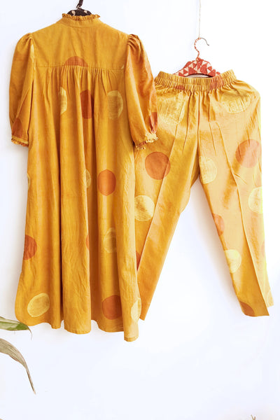 Turmeric yellow ajrakh polka dots coord set, Sustainable fashion