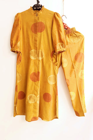 Turmeric yellow ajrakh polka dots coord set, Sustainable fashion