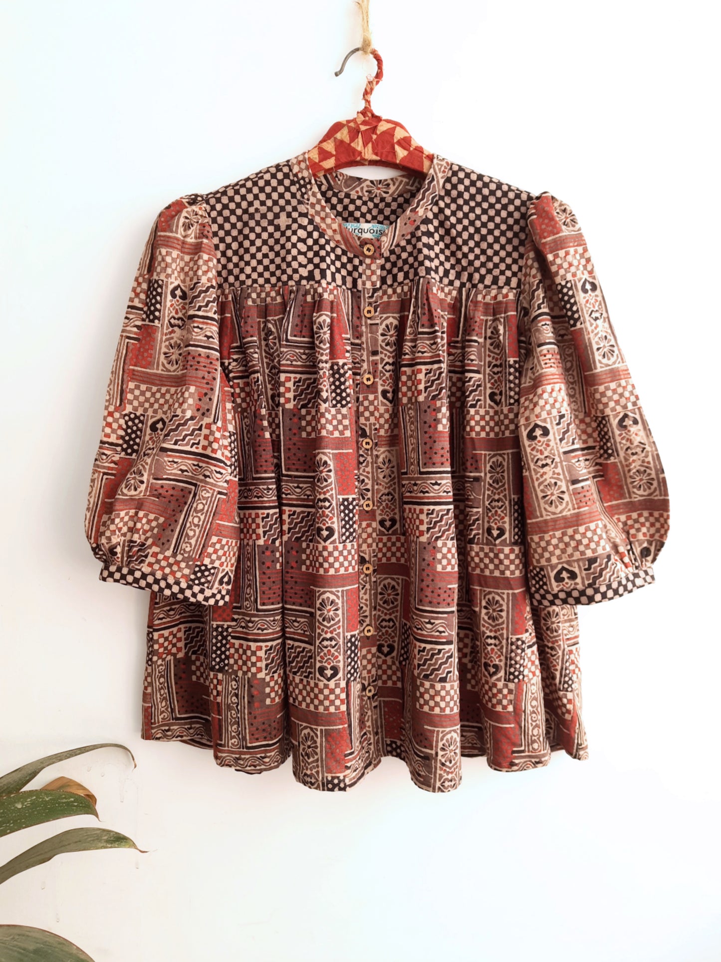 Womens shirt in ajrakh hand block prints in natural brown color, Frill shirt for her, Shirts