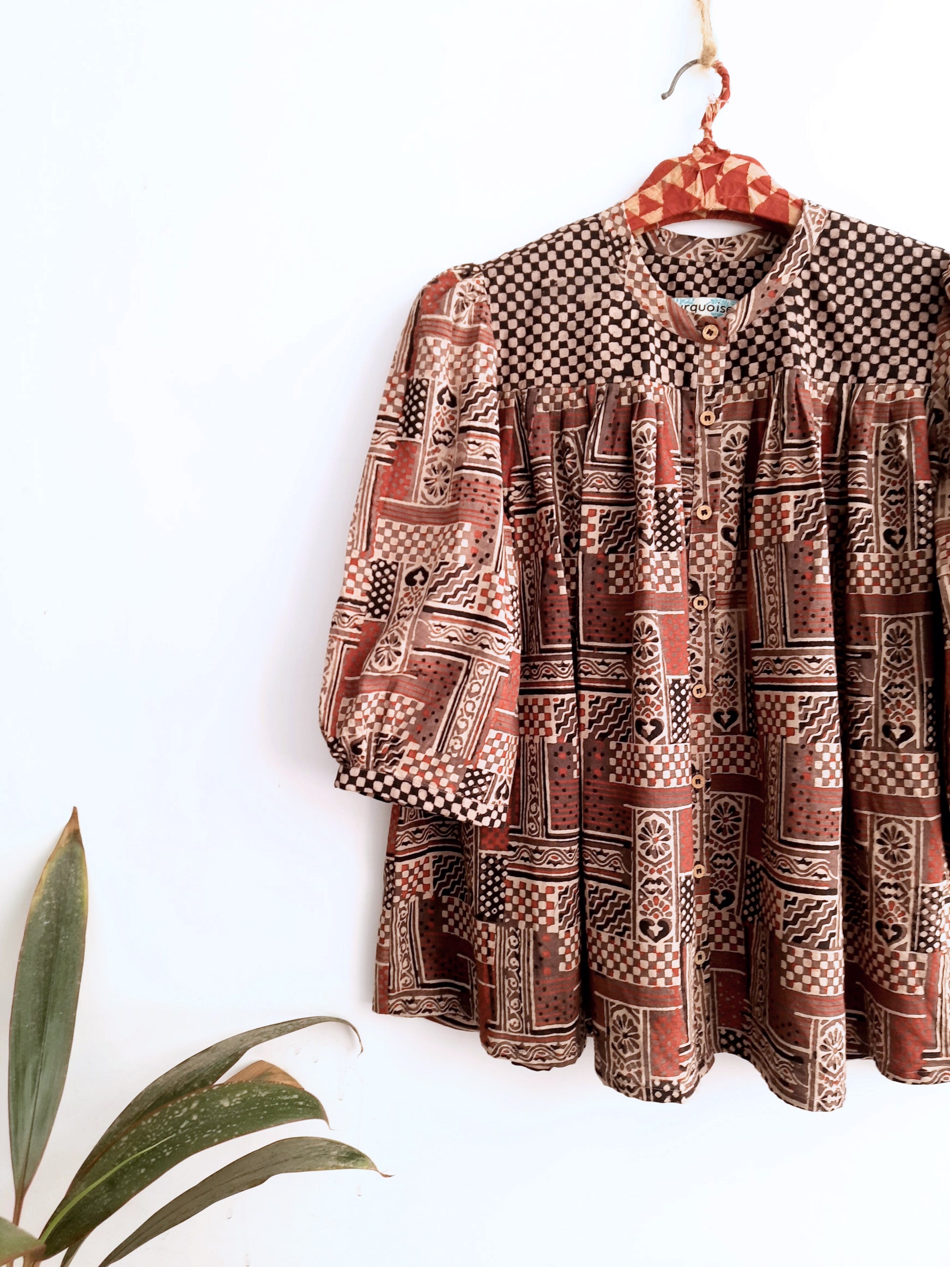 Womens shirt in ajrakh hand block prints in natural brown color, Frill shirt for her, Shirts