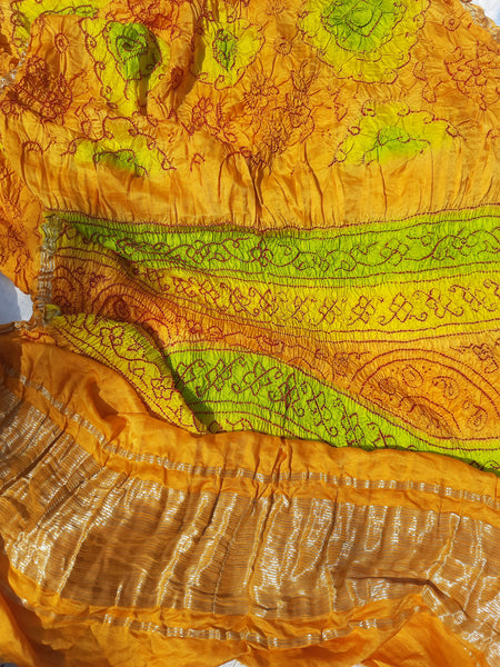 Yellow bandhani silk saree. Handcrafted gajji silk bandhani saree.