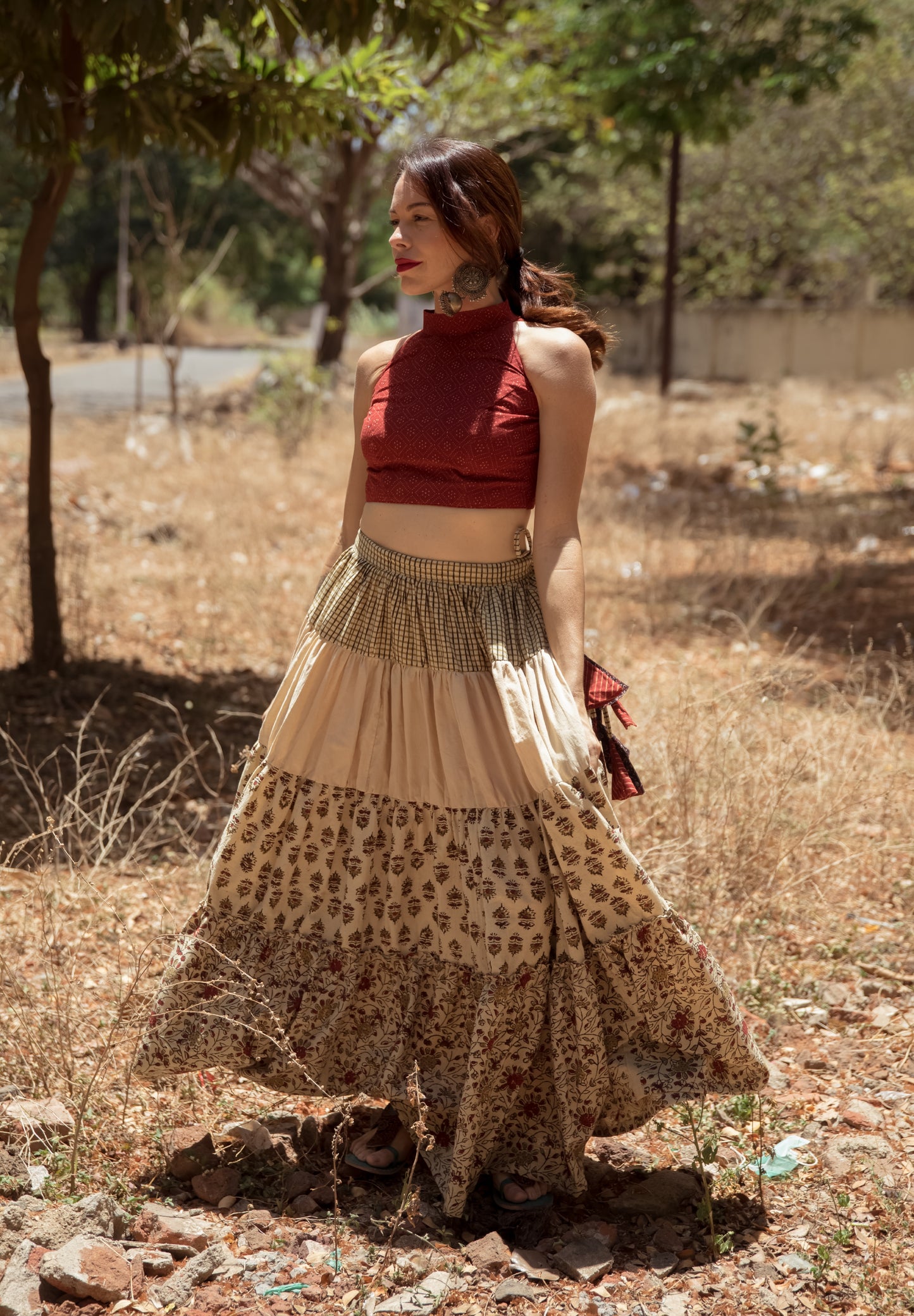 Ajrakh tiered skirt and crop top set