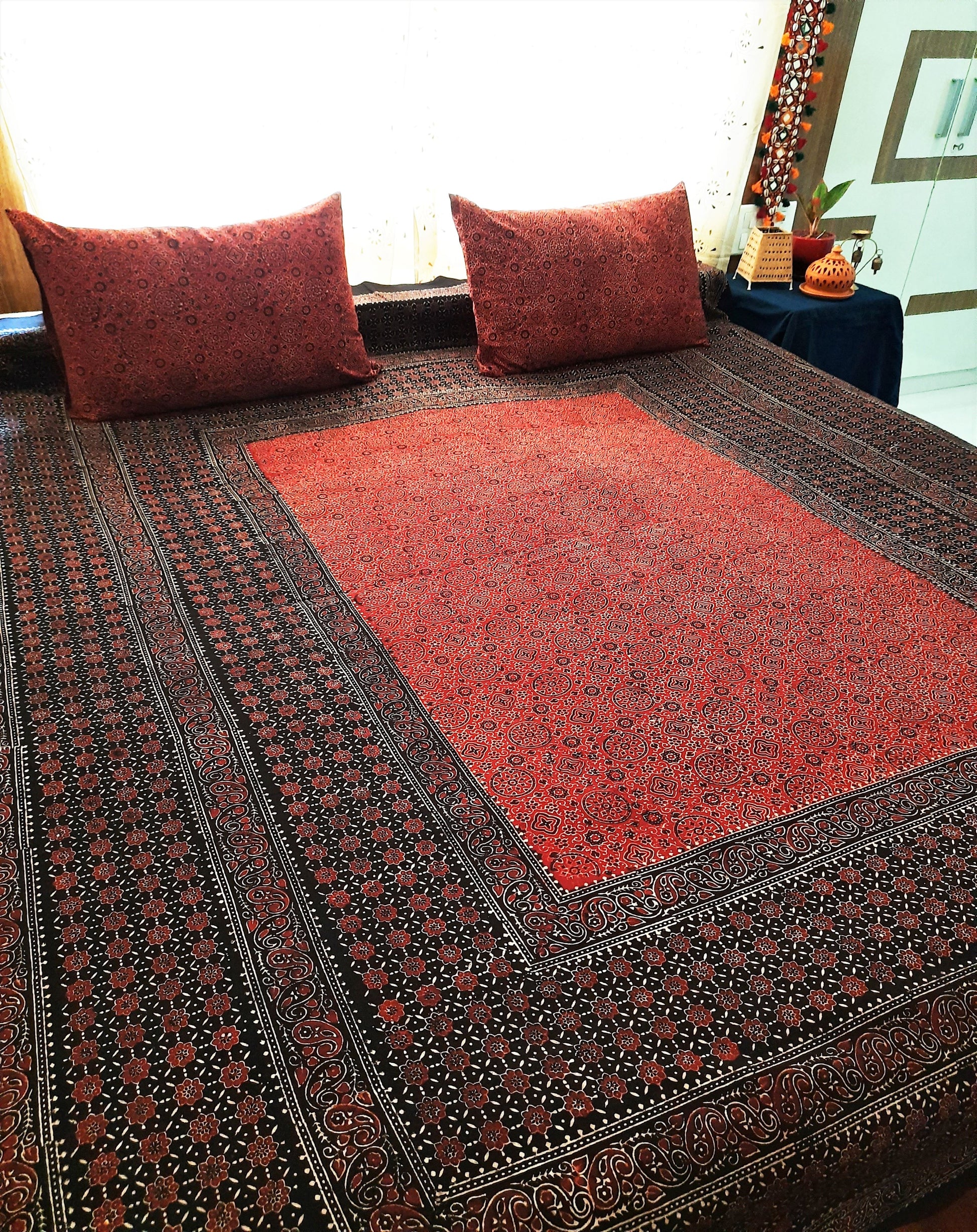 Madder red ajrakh bed linen