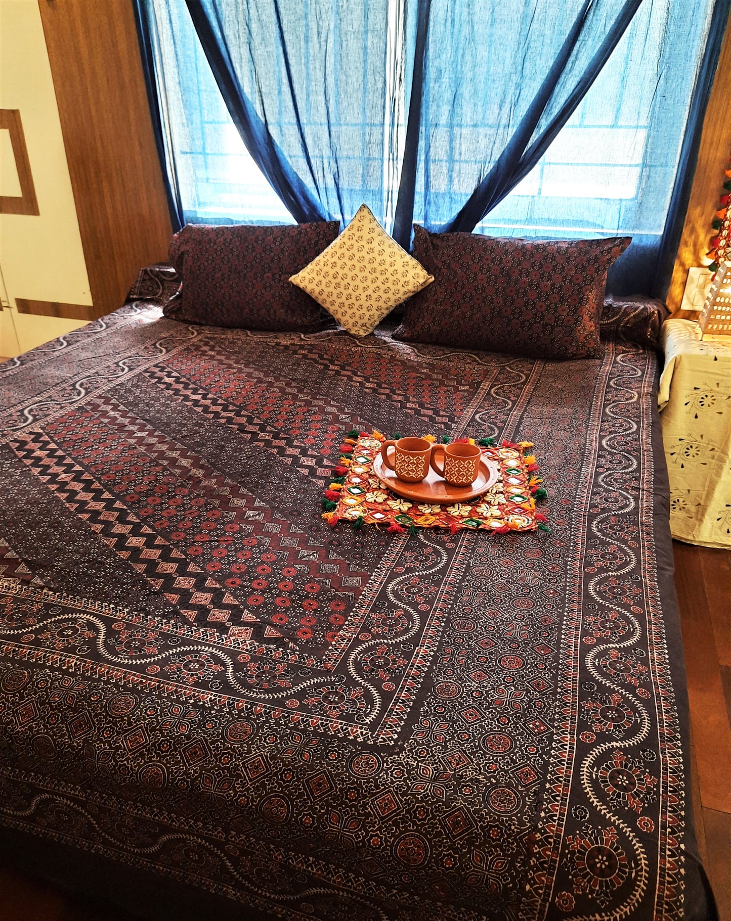 Deep brown hand block print ajrakh bed linen