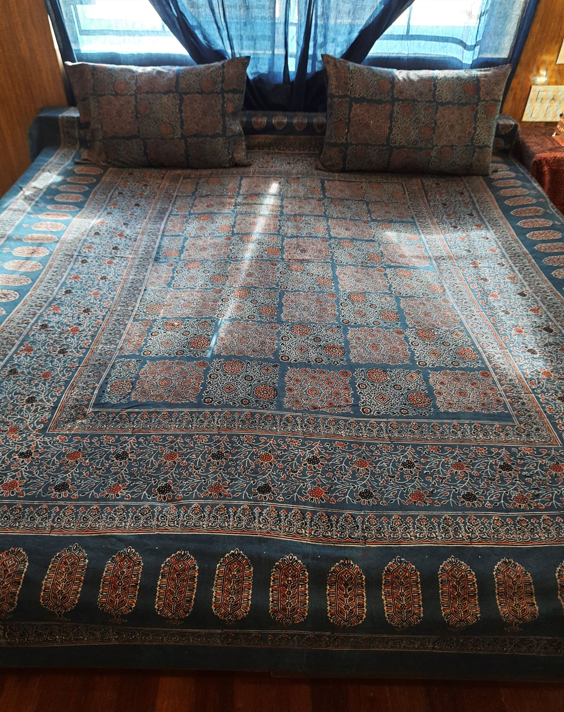 Indigo ajrakh hand block print bed sheet, ajrakh indigo bed linen, indigo ajrakh hand block print bed linen