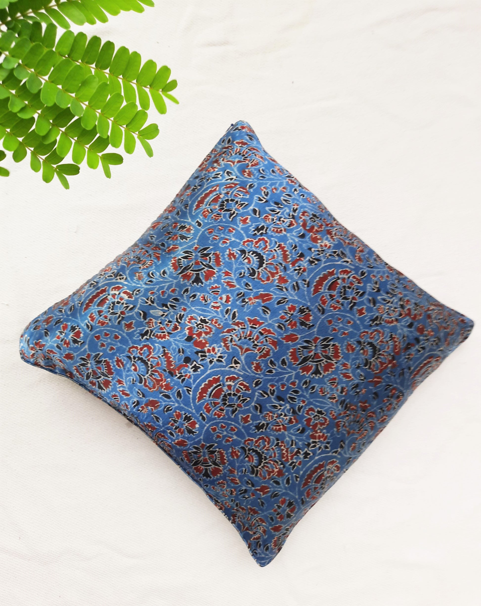 Indigo floral mashru silk cushion cover