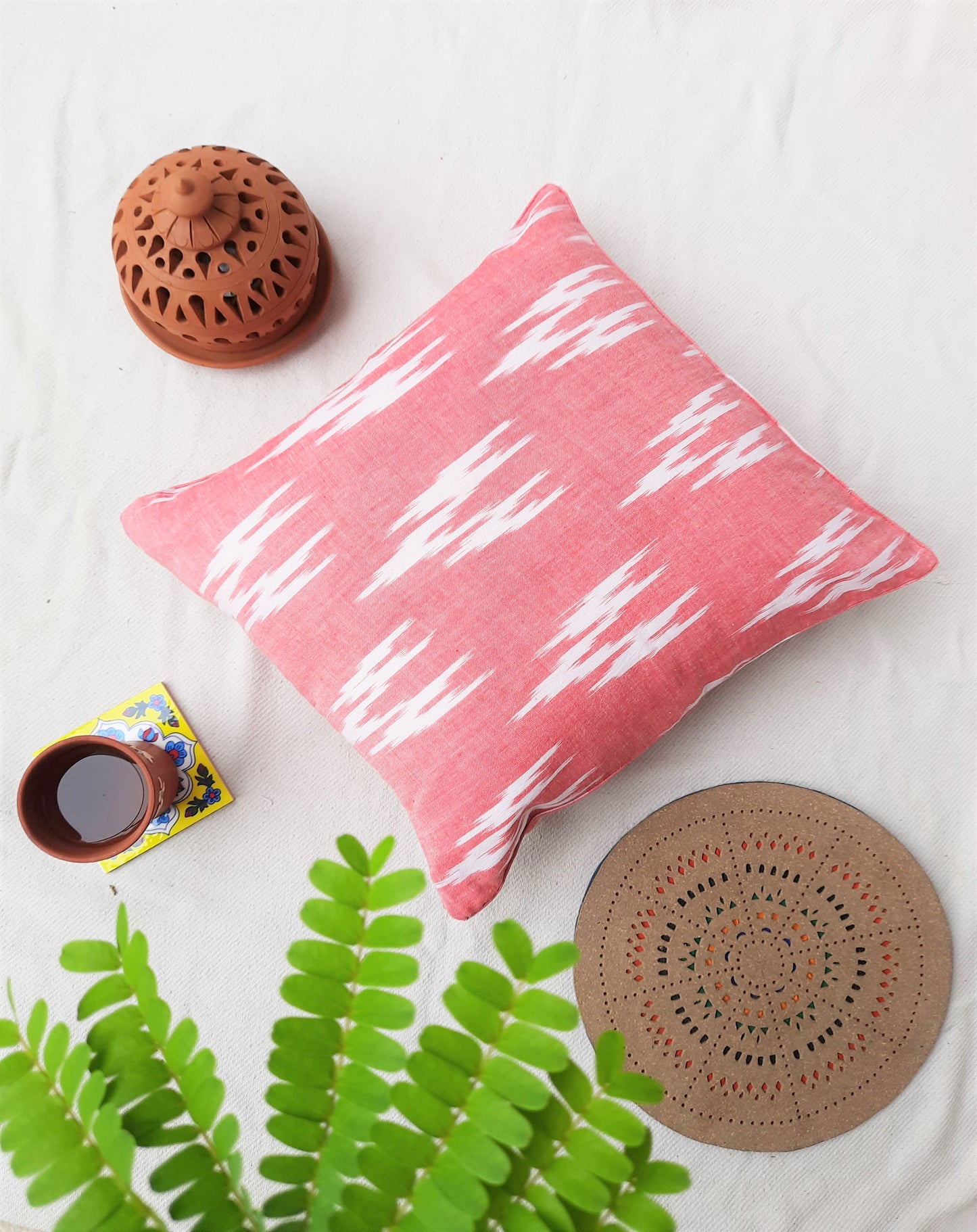 Ikat pink & white cushion cover