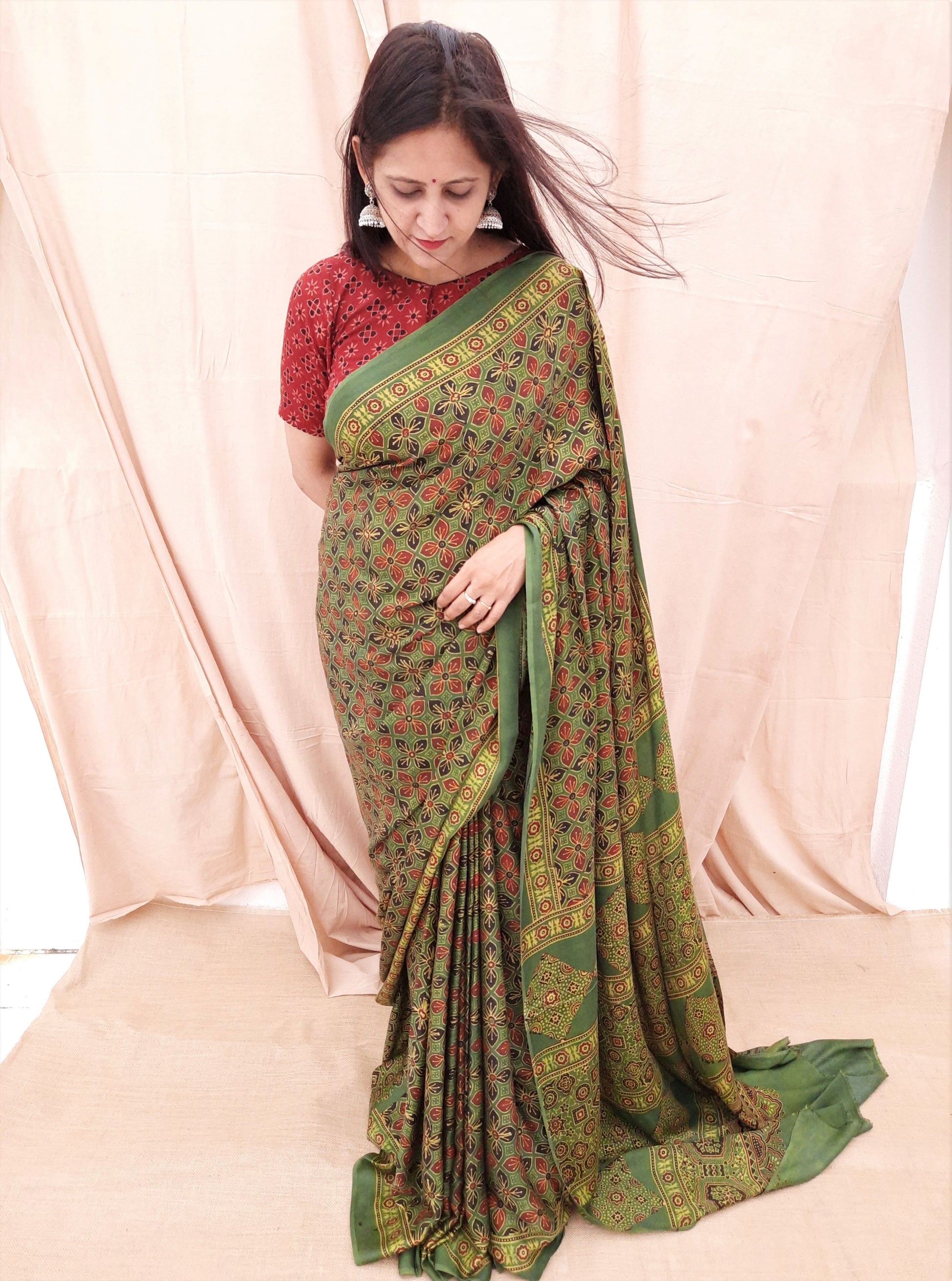 Green ajrakh modal silk saree