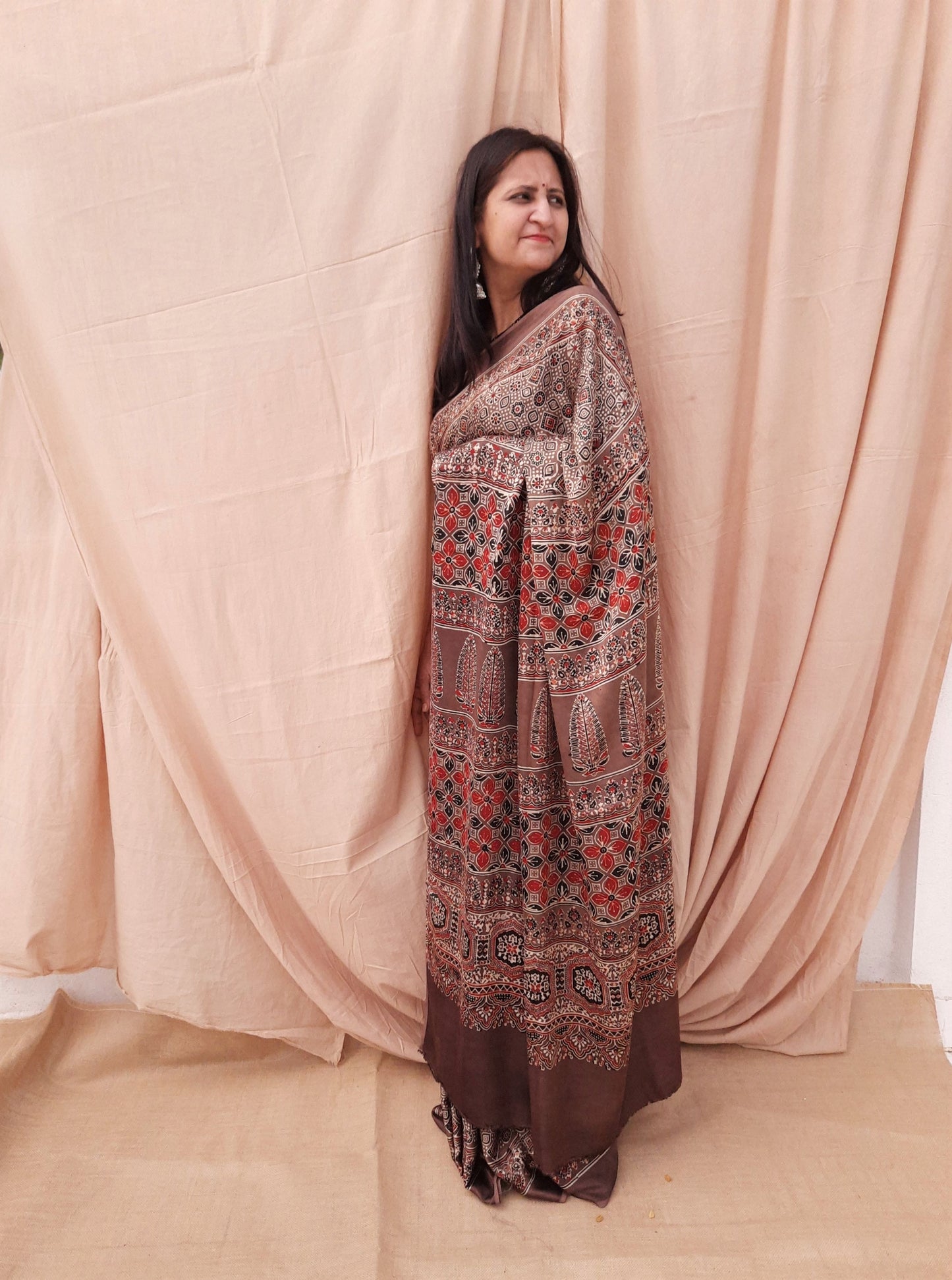 Clay brown ajrakh modal silk saree