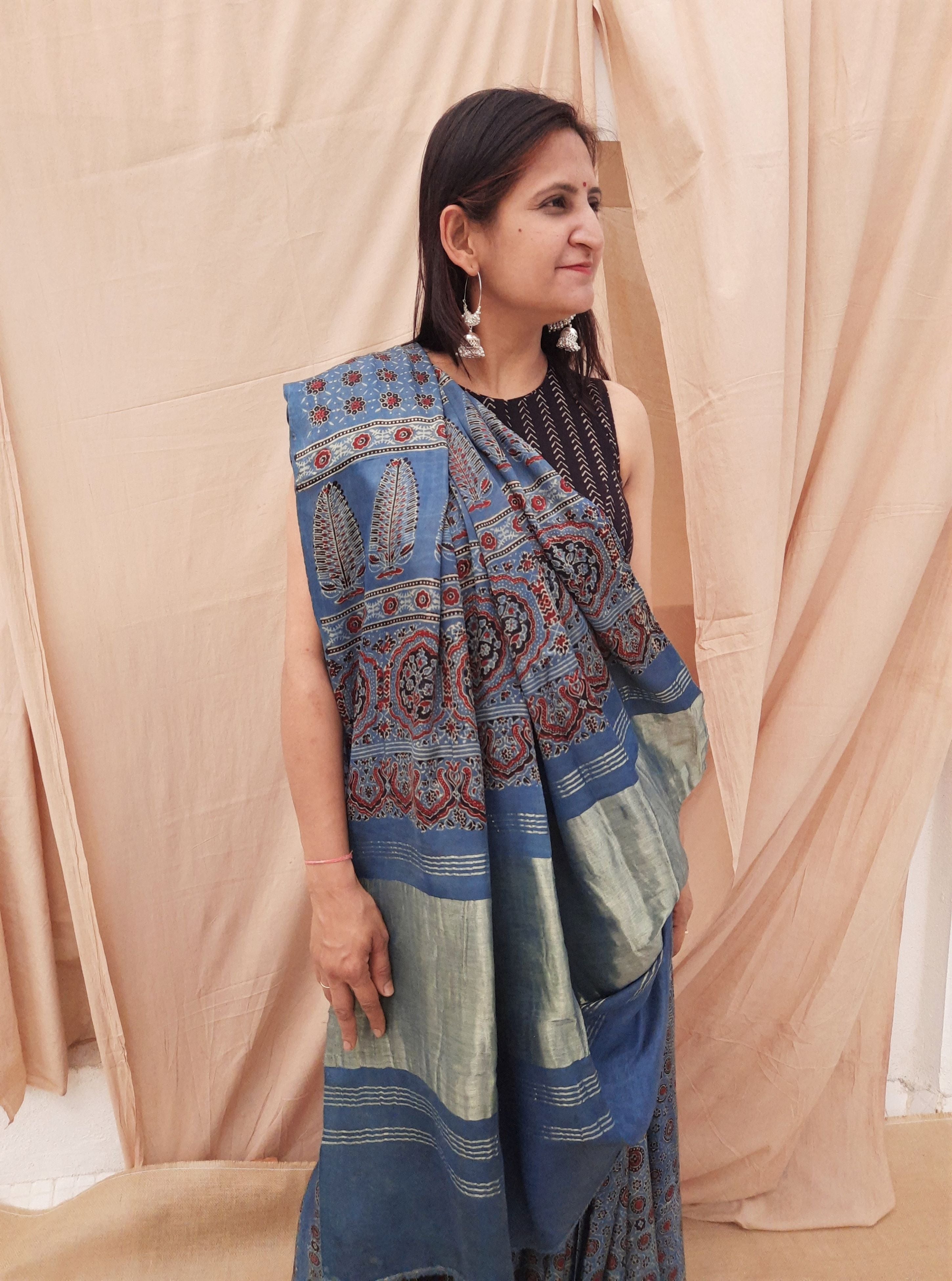 Jharokha - Indigo Ajrakh handblockprinted saree