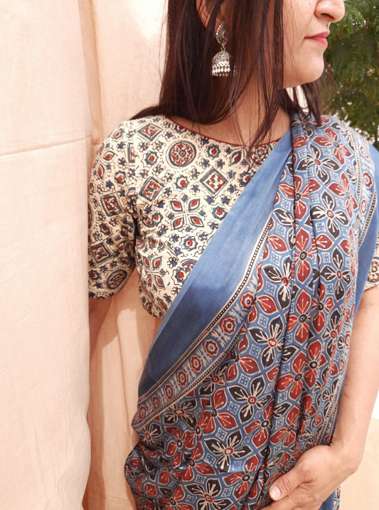 Indigo ajrakh modal silk saree