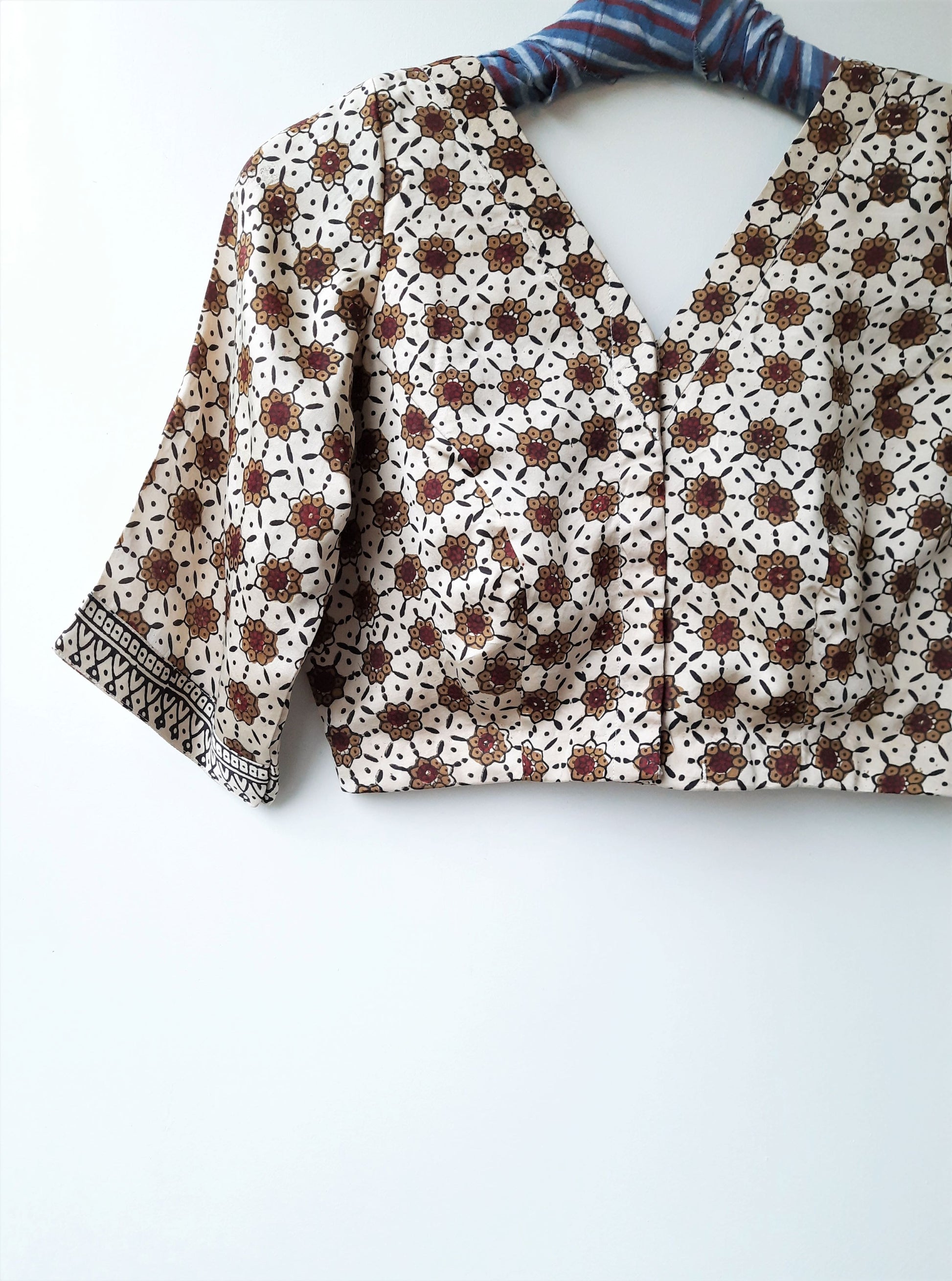 Modal silk ajrakh blouse, ajrakh hand block print saree blouse in modal silk, ajrakh prints modal silk sari blouse