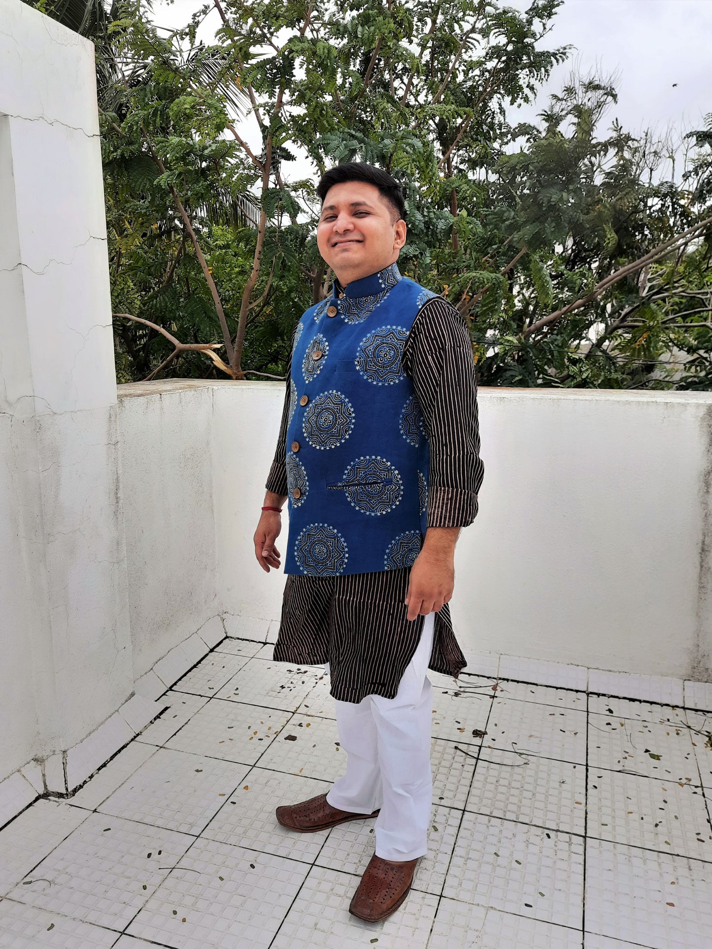 Hand block print ajrakh men's modi jacket or bandi, men's nehru jacket in indian hand block prints