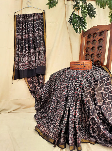 Black ajrakh hand block print saree