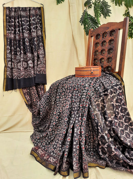 Black ajrakh hand block print saree