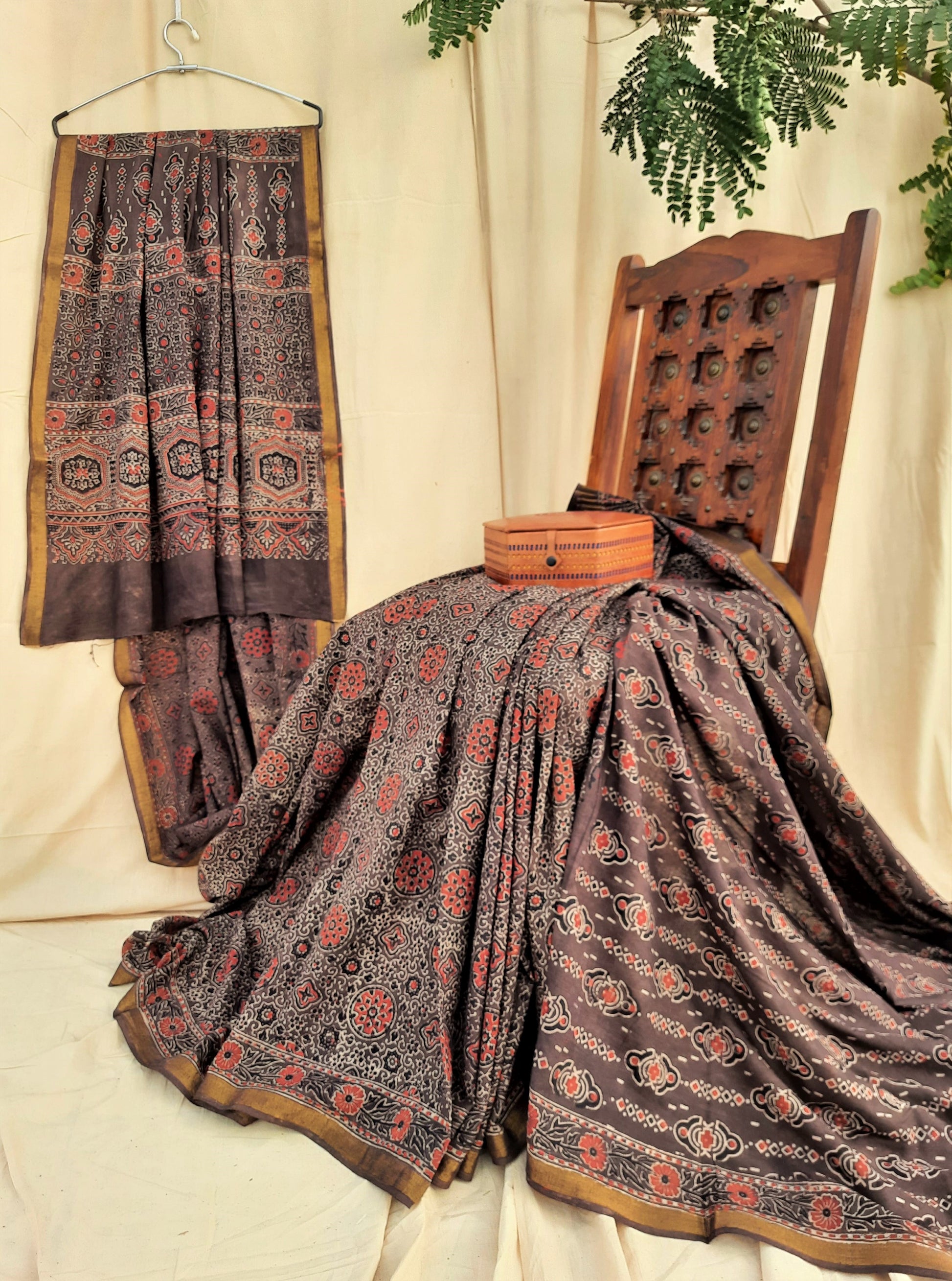 Ajrakh hand block print brown saree