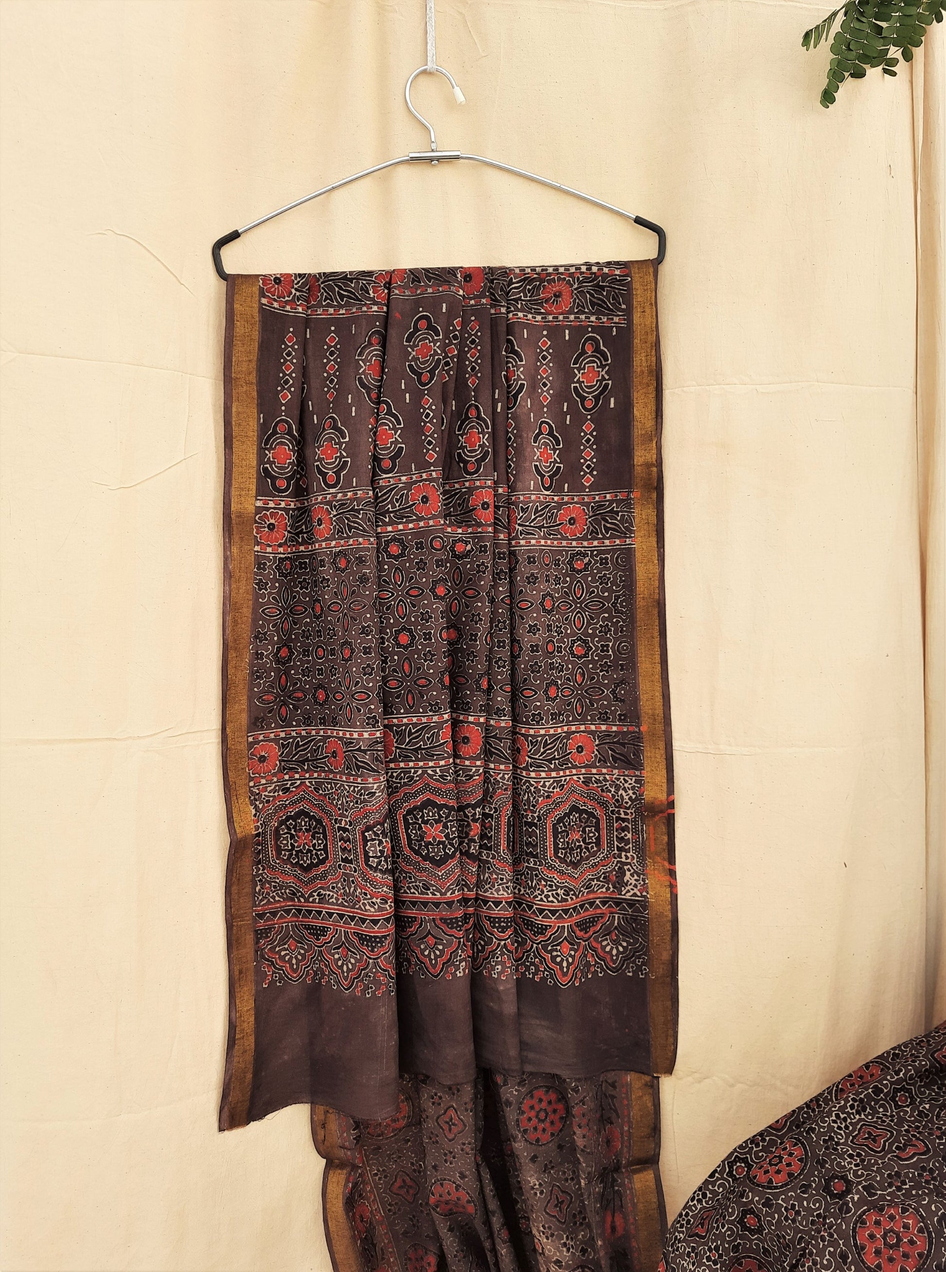 Ajrakh hand block print brown saree