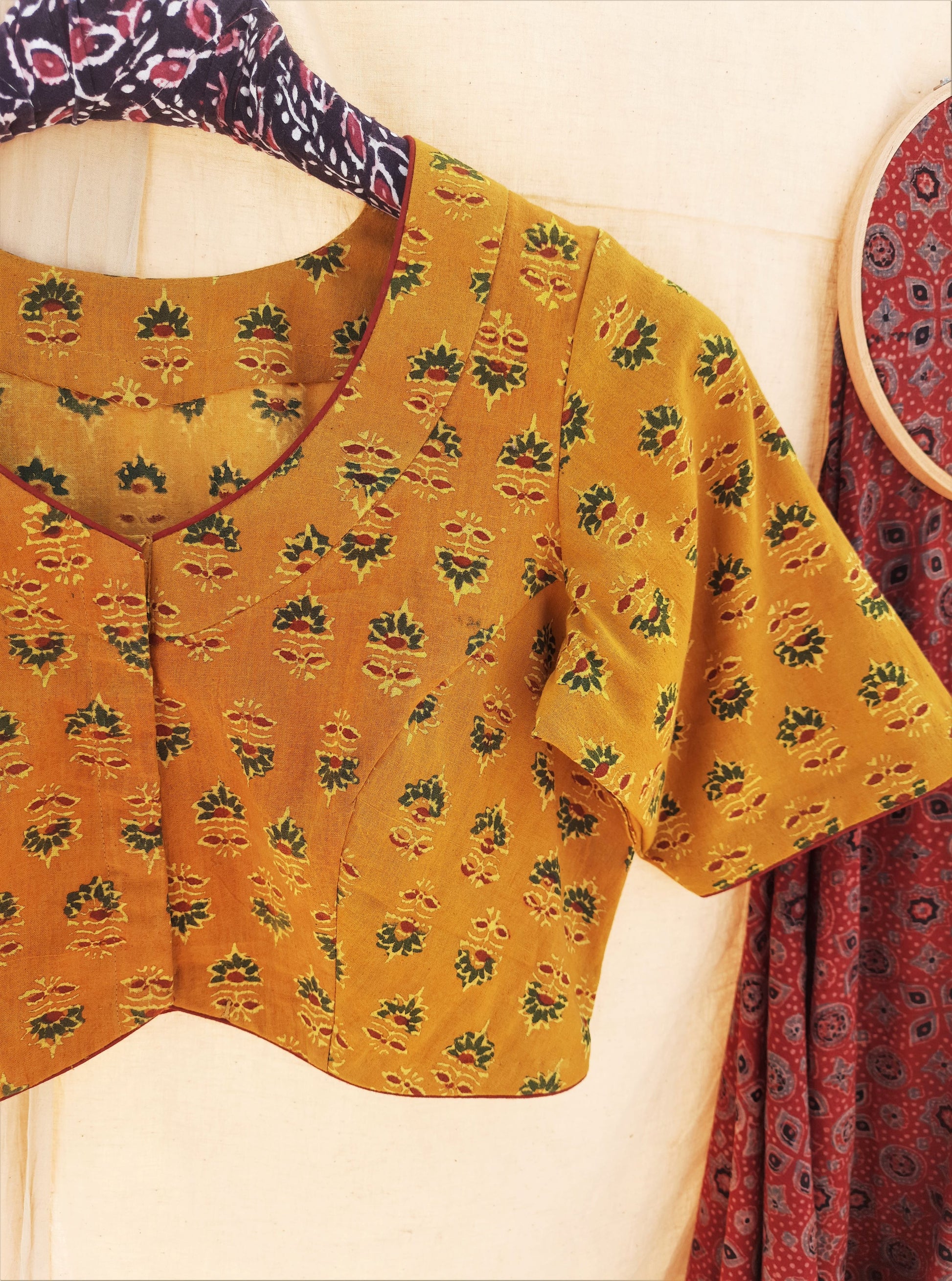 Ajrakh cotton blouse in turmeric yellow color, ajrakh prints cotton blouse, ajrakh hand block print saree blouse