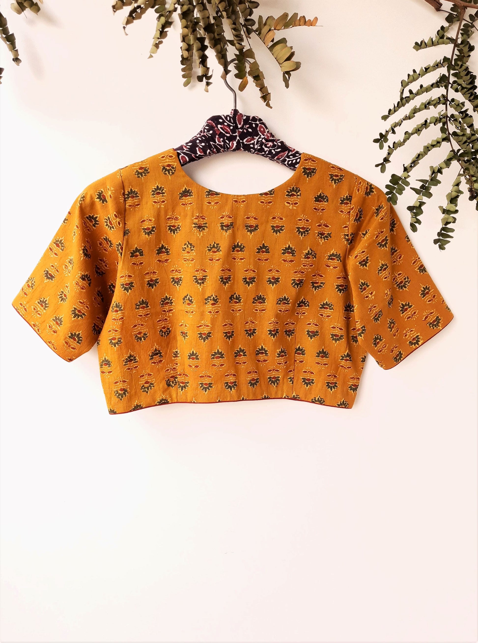 Ajrakh cotton blouse in turmeric yellow color, ajrakh prints cotton blouse, ajrakh hand block print saree blouse
