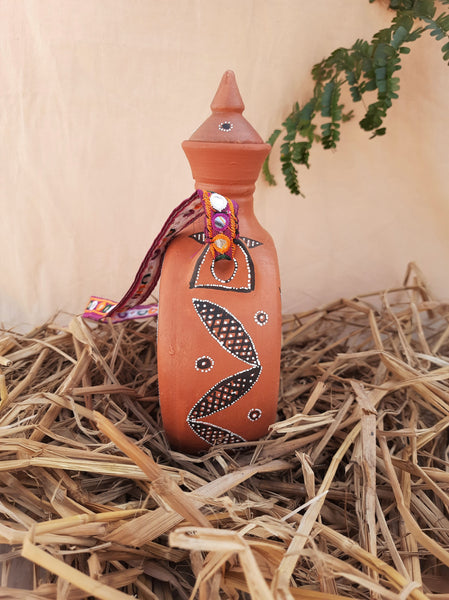 Terracotta water bottle in vintage style, traditional Indian terracotta water bottle 