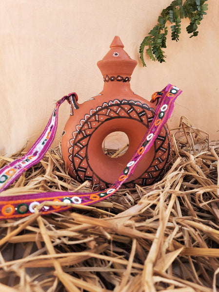 Terracotta water bottle in vintage style, traditional Indian terracotta water bottle 