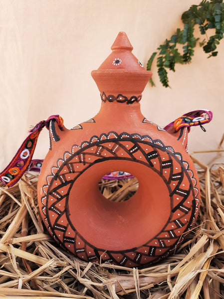 Terracotta water bottle in vintage style, traditional Indian terracotta water bottle 