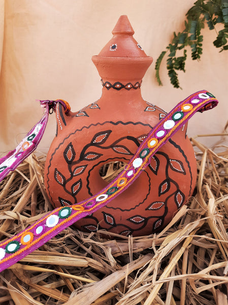 Terracotta water bottle in vintage style, traditional Indian terracotta water bottle 