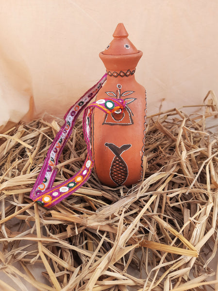 Terracotta water bottle in vintage style, traditional Indian terracotta water bottle 