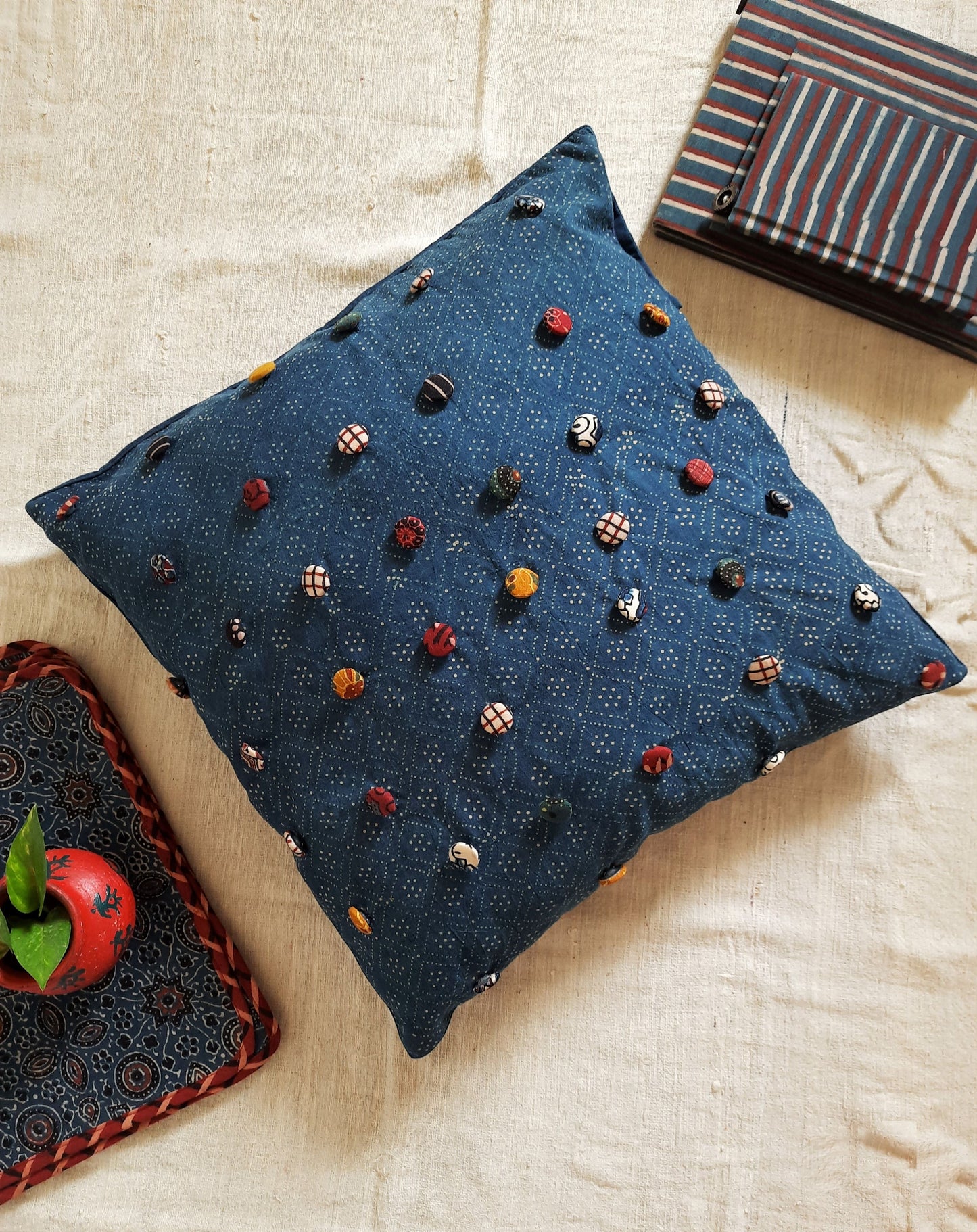 Indigo button art cushion cover, ajrakh indigo cushion cover  with buttons