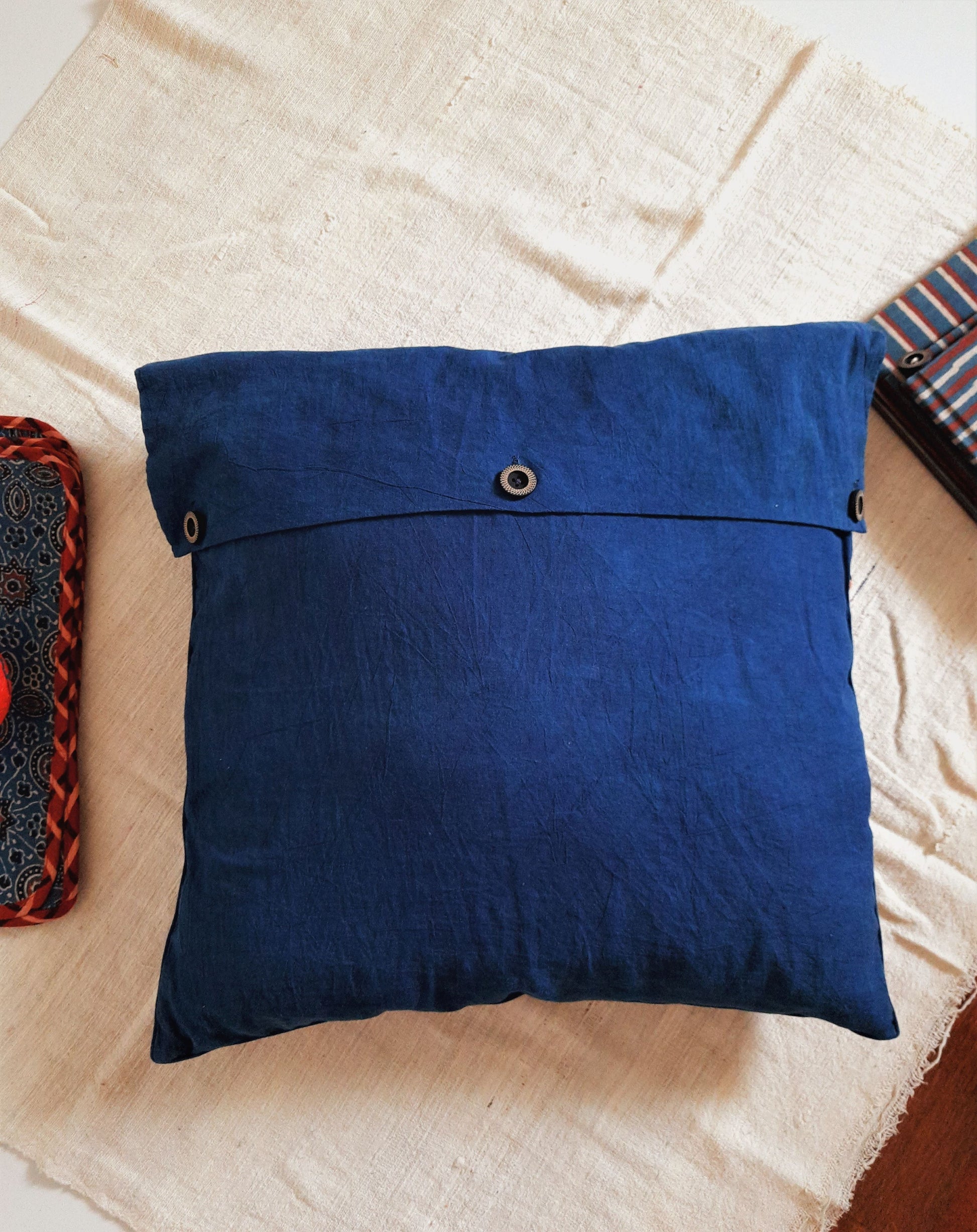 Indigo button art cushion cover, ajrakh indigo cushion cover  with buttons