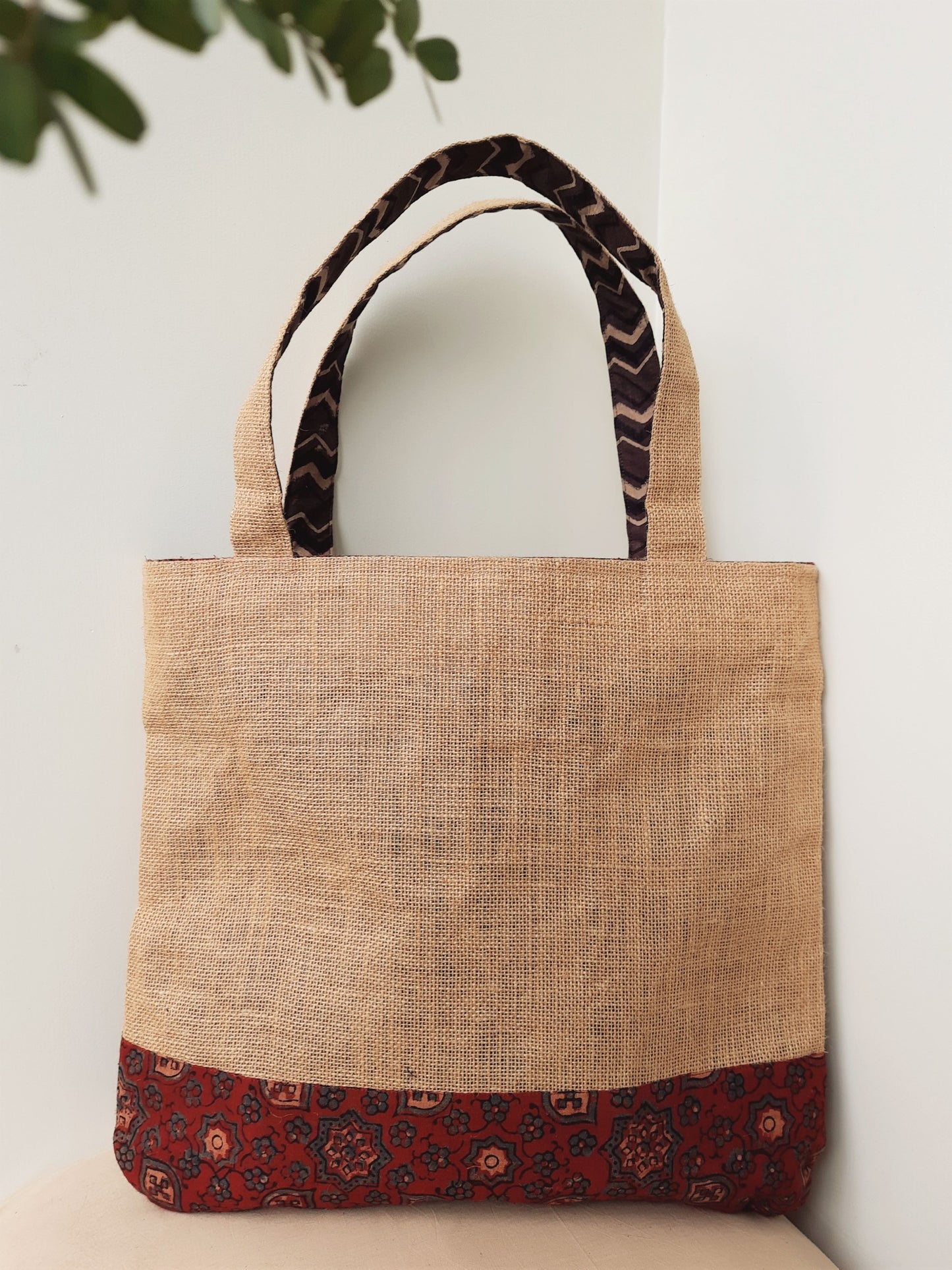 Jute tote bag, Jute & ajrakh hand block print tote bag, Fabric tote bag, Fabric handbag, Organic cotton handbag, Ajrakh prints jute bag