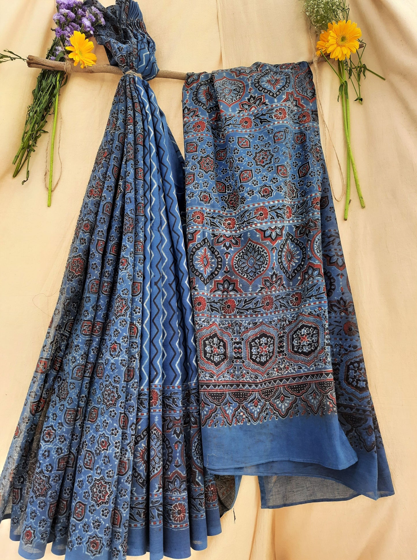 Indigo ajrakh hand block print saree, ajrakh prints saree, ajrakh indigo dyed sari, indigo ajrakh sari