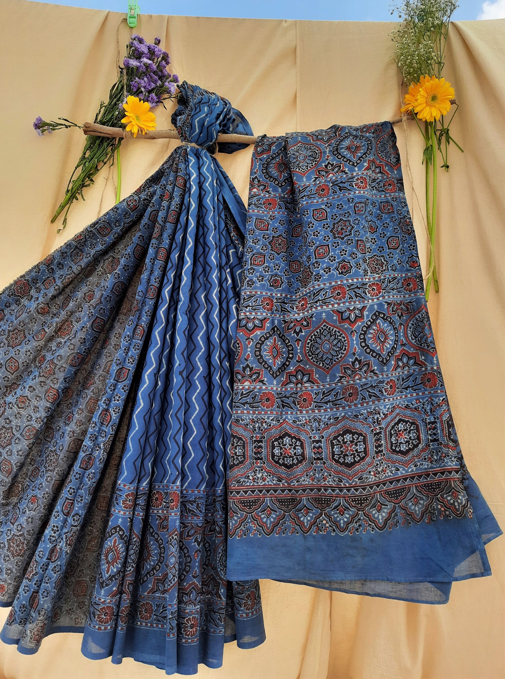 Indigo ajrakh hand block print saree, ajrakh prints saree, ajrakh indigo dyed sari, indigo ajrakh sari