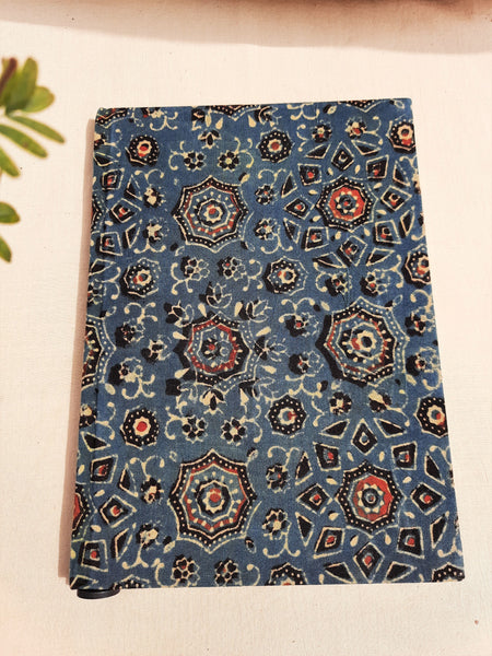 Ajrakh hand block print journal, handmade upcycled journal, deep green cover journal, handmade upcycled journal, handmade plain pages diary