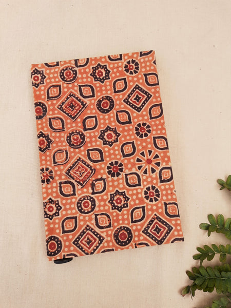 Handmade upcycled journal, Ajrakh print journal, Ajrakh hand block print journal, Upcycled handmade journal, earthy peach ajrakh journal, handmade diary