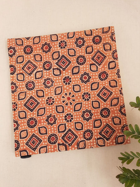 Handmade upcycled journal, Ajrakh print journal, Ajrakh hand block print journal, Upcycled handmade journal, earthy peach ajrakh journal, handmade diary