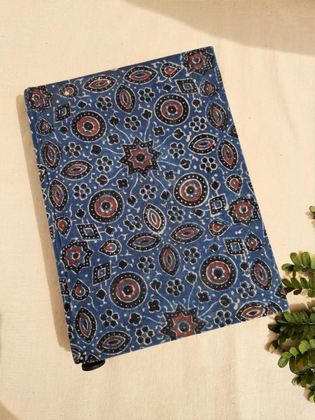 Indigo upcycled handmade journal, Upcycled handmade journal, Ajrakh hand block print journal in indigo, Indigo dyed hand block print upcycled journal, Ajrakh  print journal