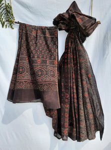 Ajrakh hand block print saree in brown color, Ajrakh brown saree, Ajrakh prints cotton sari, Ajrakh hand block print brown saree, Natural dyed ajrakh cotton saree, Brown ajrakh saree