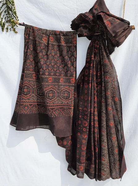 Ajrakh hand block print saree in brown color, Ajrakh brown saree, Ajrakh prints cotton sari, Ajrakh hand block print brown saree, Natural dyed ajrakh cotton saree, Brown ajrakh saree