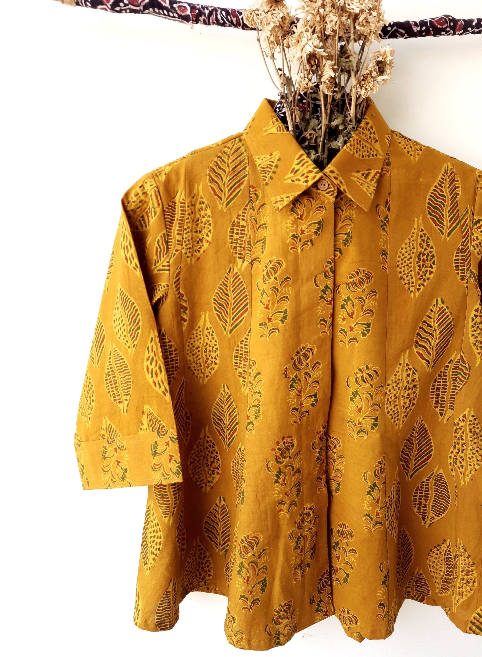 Turmeric yellow ajrakh women's shirt, Ajrakh hand block print women's shirt, Women's shirt in indian prints, Cotton women's shirt, Yellow ajrakh prints women's shirt