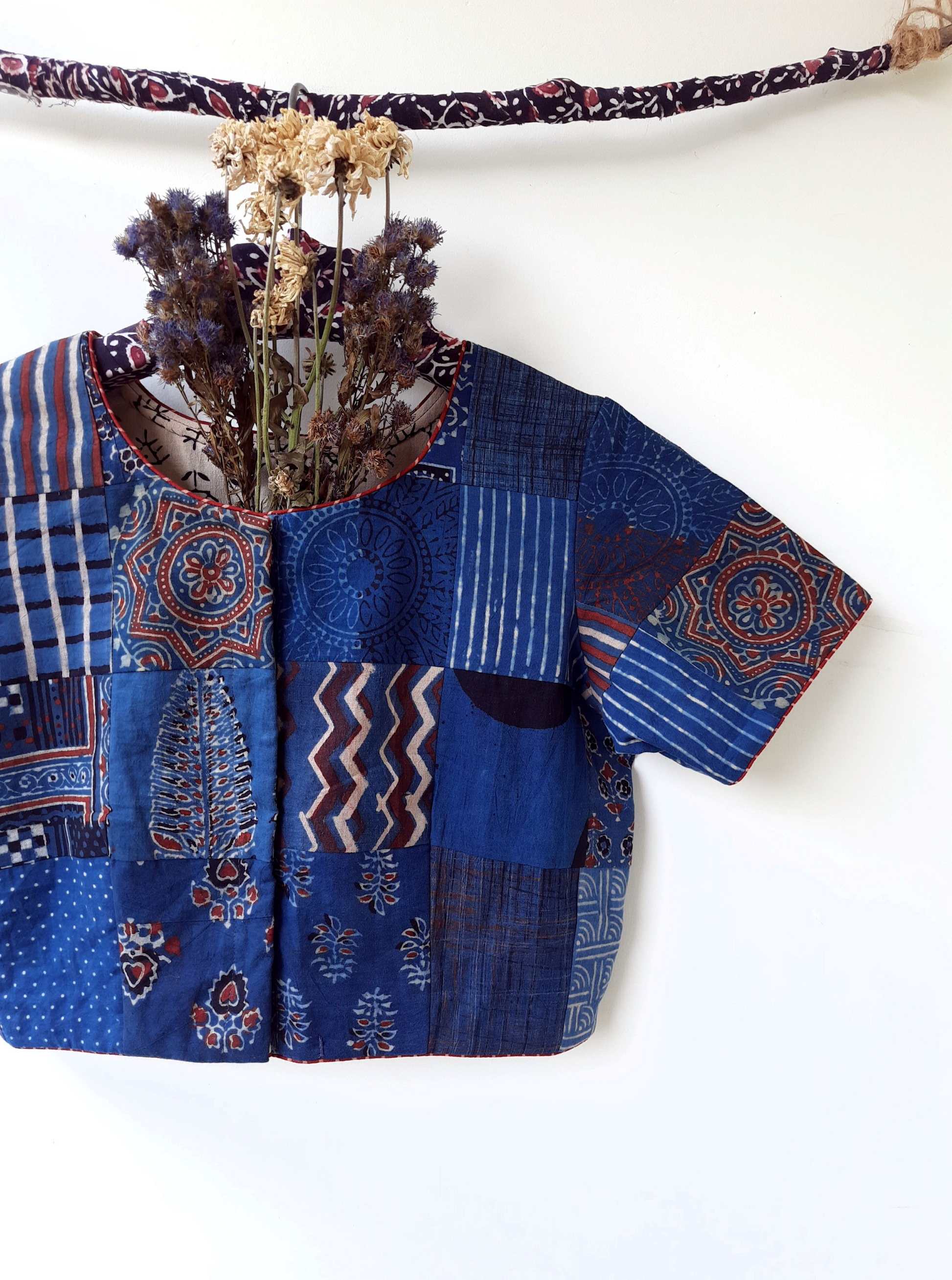 Indigo ajrakh patchwork blouse, Upcycled indigo blouse, Indigo dyed ajrakh prints patchwork blouse, Indigo saree blouse, Slow fashion